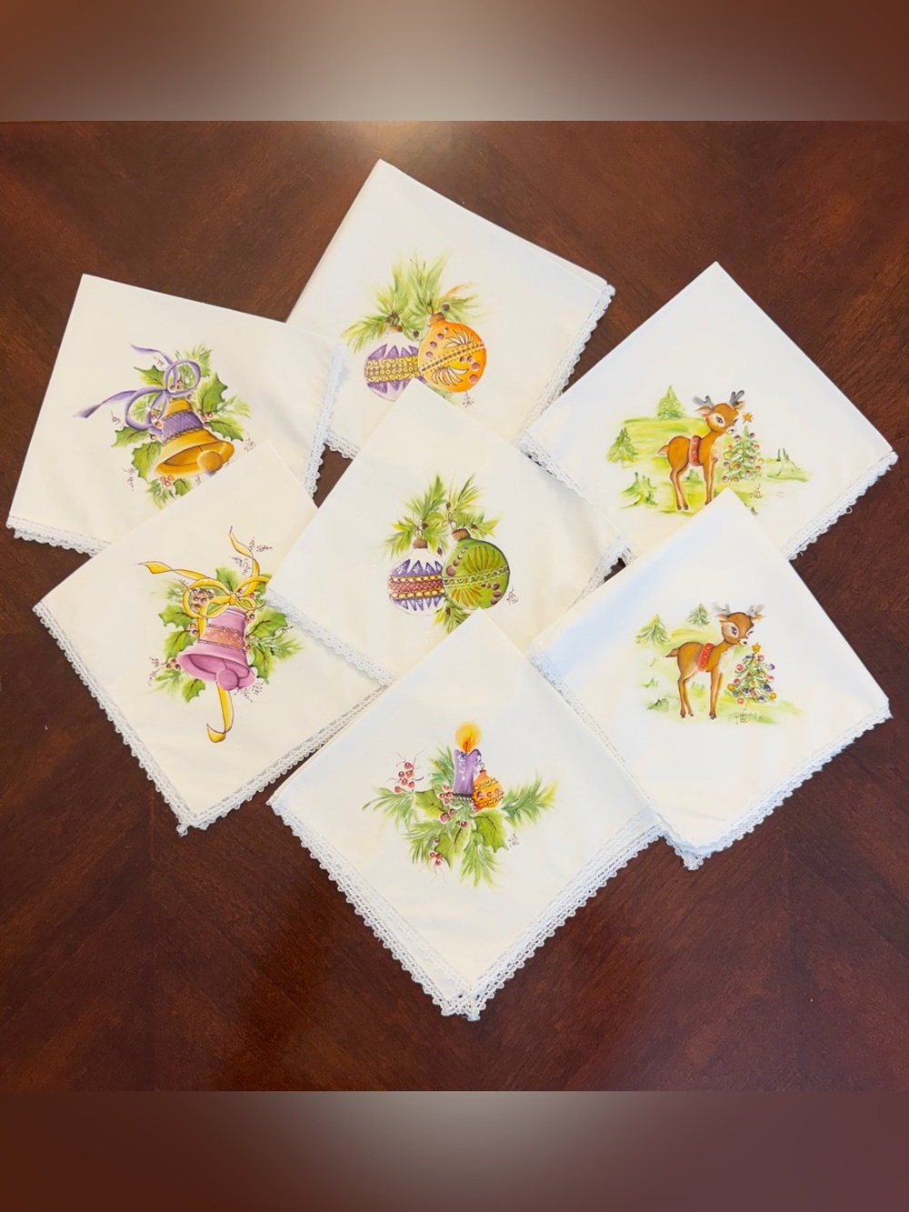Christmas Holiday Painted Cloth Napkins Set of 7 Artist Signed Lace Trim NWOT